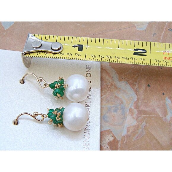 NEW Sterling Silver Genuine Pearl and Green Stone Dangle Earrings Gold Hook NWT - Picture 10 of 11